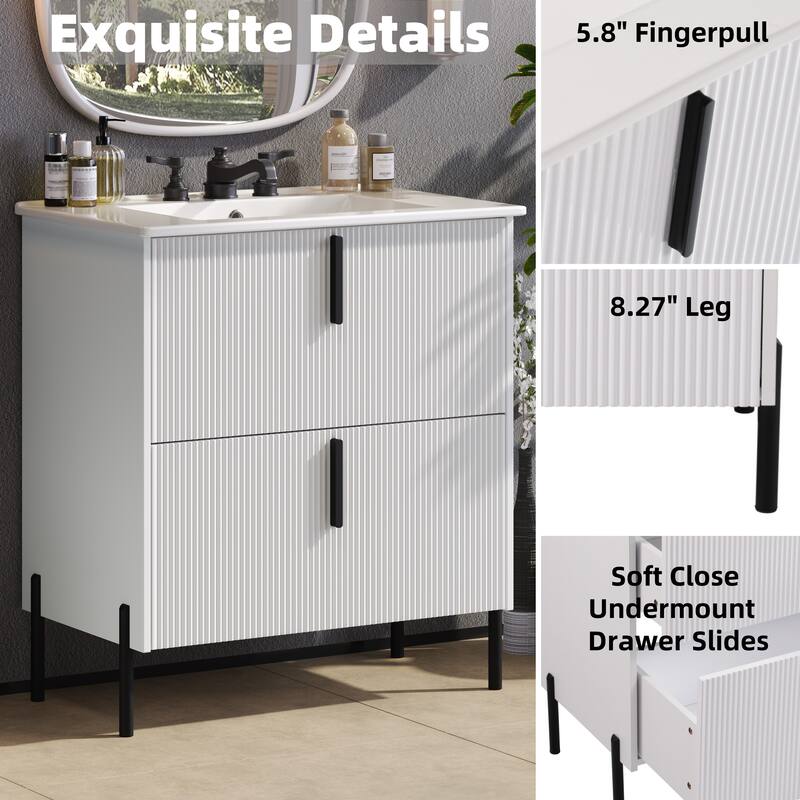 30-Inch Bathroom Vanity with a Ceramic Sink, Full-Extension Drawers, Soft-Close Undermount Slides, and a Fluted Design.