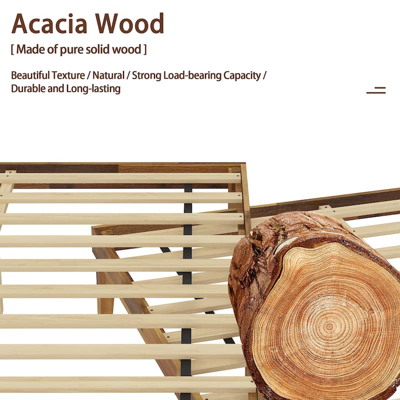 Solid Wood Bed Frame with Cane Headboard, Modern Natural Finish Platform Bed