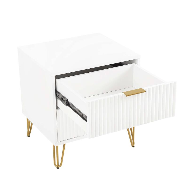 Fluted Nightstand with 2 Drawers Metal Legs Tool Free Assembly