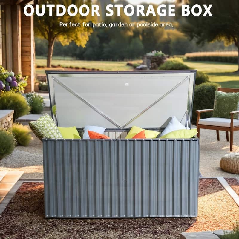 Modern 312 Gallon Weather-resistant Iron Storage Box with Gas lift Cylinder - Grey