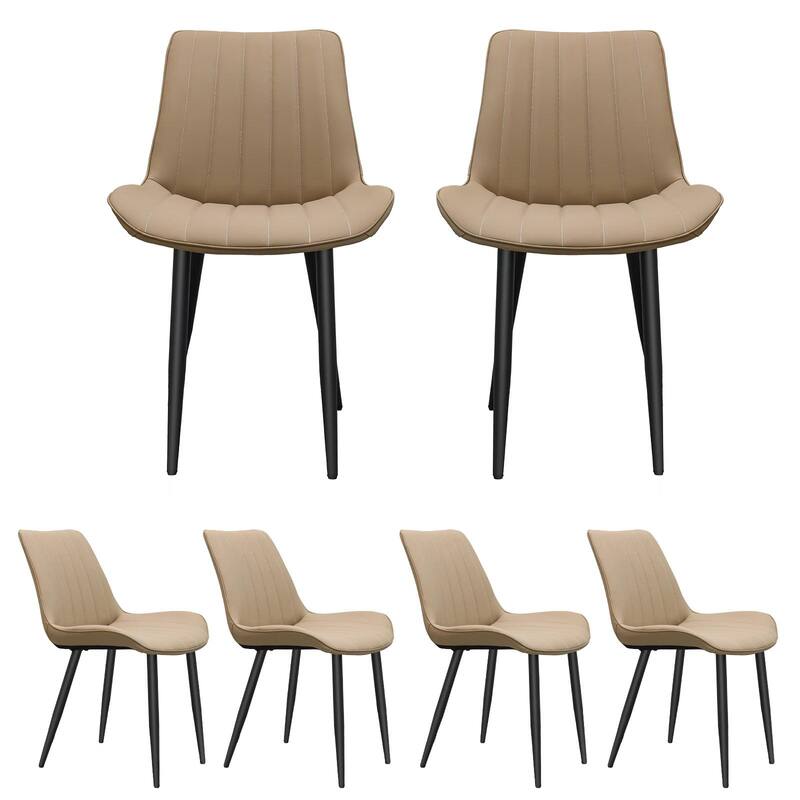 PU Leather Dining Chair with Metal Legs, Wave Pattern Upholstered Armless Chair Set of 6 for Kitchen, Living - Khaki