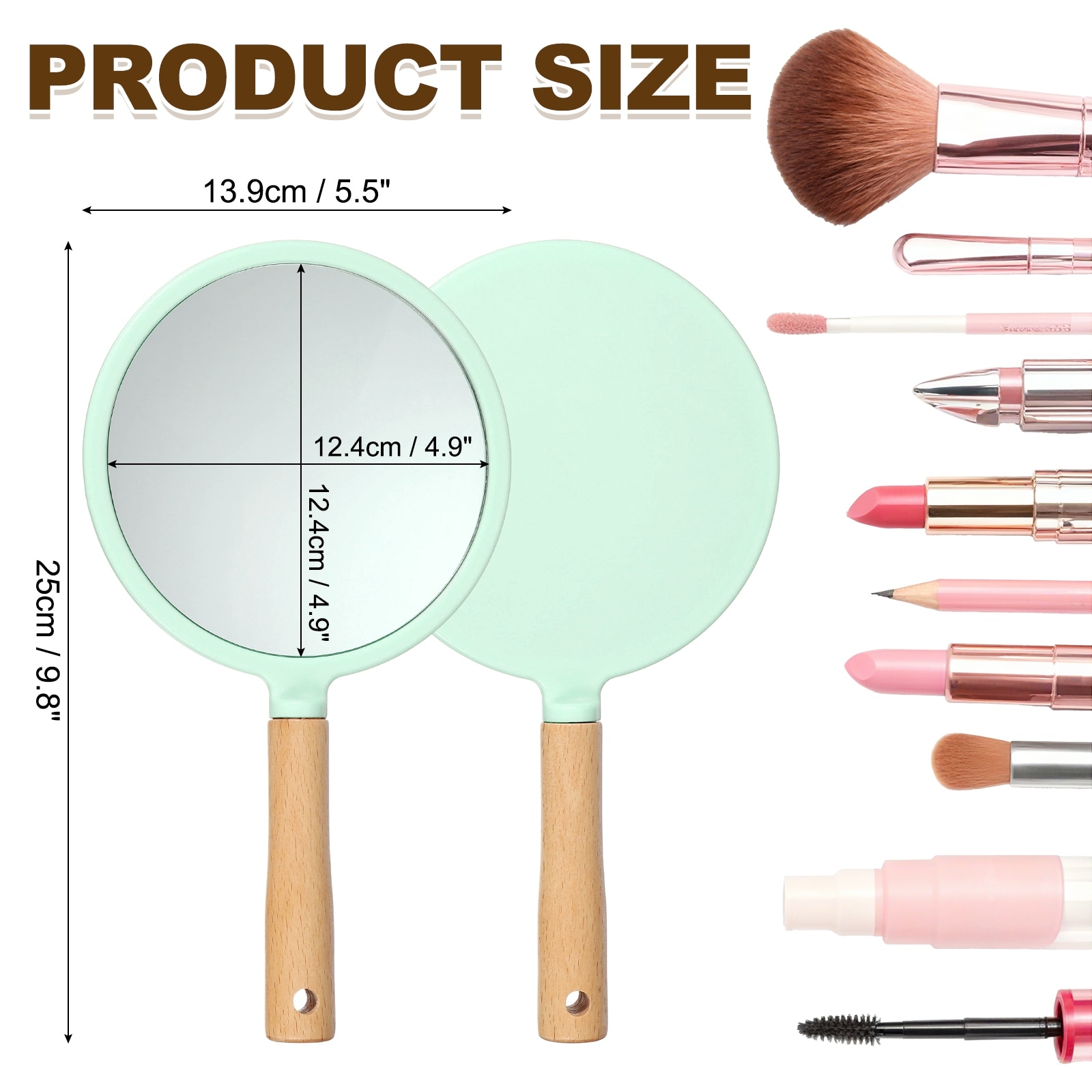 Hand Held Mirror, Wood Portable Hand Vanity Mirrors Single Side with Hook Hole for Bathroom, Bedroom, Travel(Round)