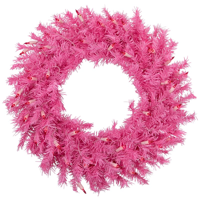 24" Pre-Lit Pink Spruce Artificial Christmas Wreath, Pink Lights