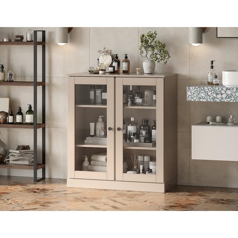 Palace Imports 100% Solid Wood 32" Bathroom Cabinet with Clear Glass Doors and Adjustable Shelves - Beige