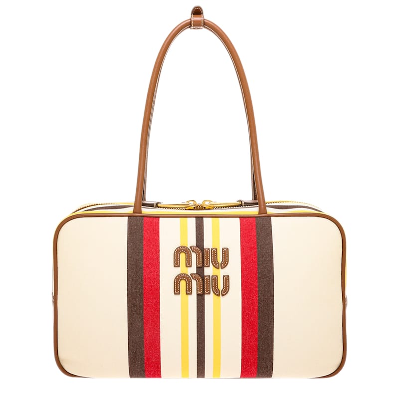 Miu Miu Beau Canvas and Leather Top Handle Bag - Off-White, Brown, Red and Yellow