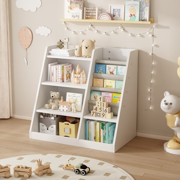 slide 2 of 44, 4-Tier Kids Bookshelf with Storage Pockets,Toy Organizer Cabinet White