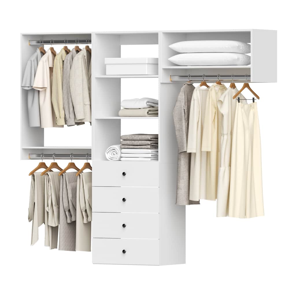 Modular Closet System Organizer with Hanging Rod and Adjustable Shelves, Wall-Mounted Walk in Closet Organizer with Drawers
