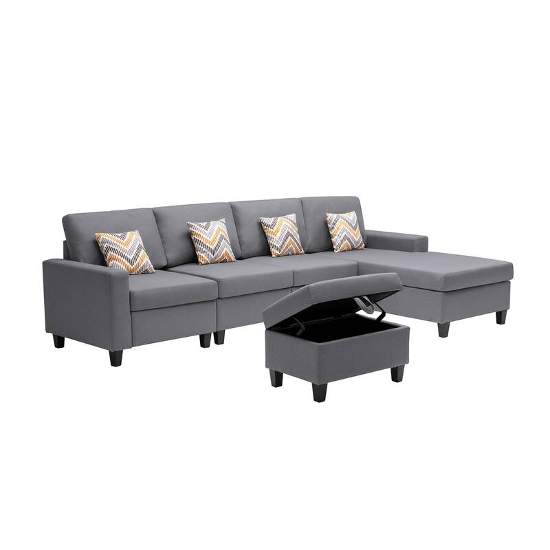 Linen Fabric 5 Piece Reversible Sofa Chaise with Interchangeable Legs and Storage Ottoman in Grey