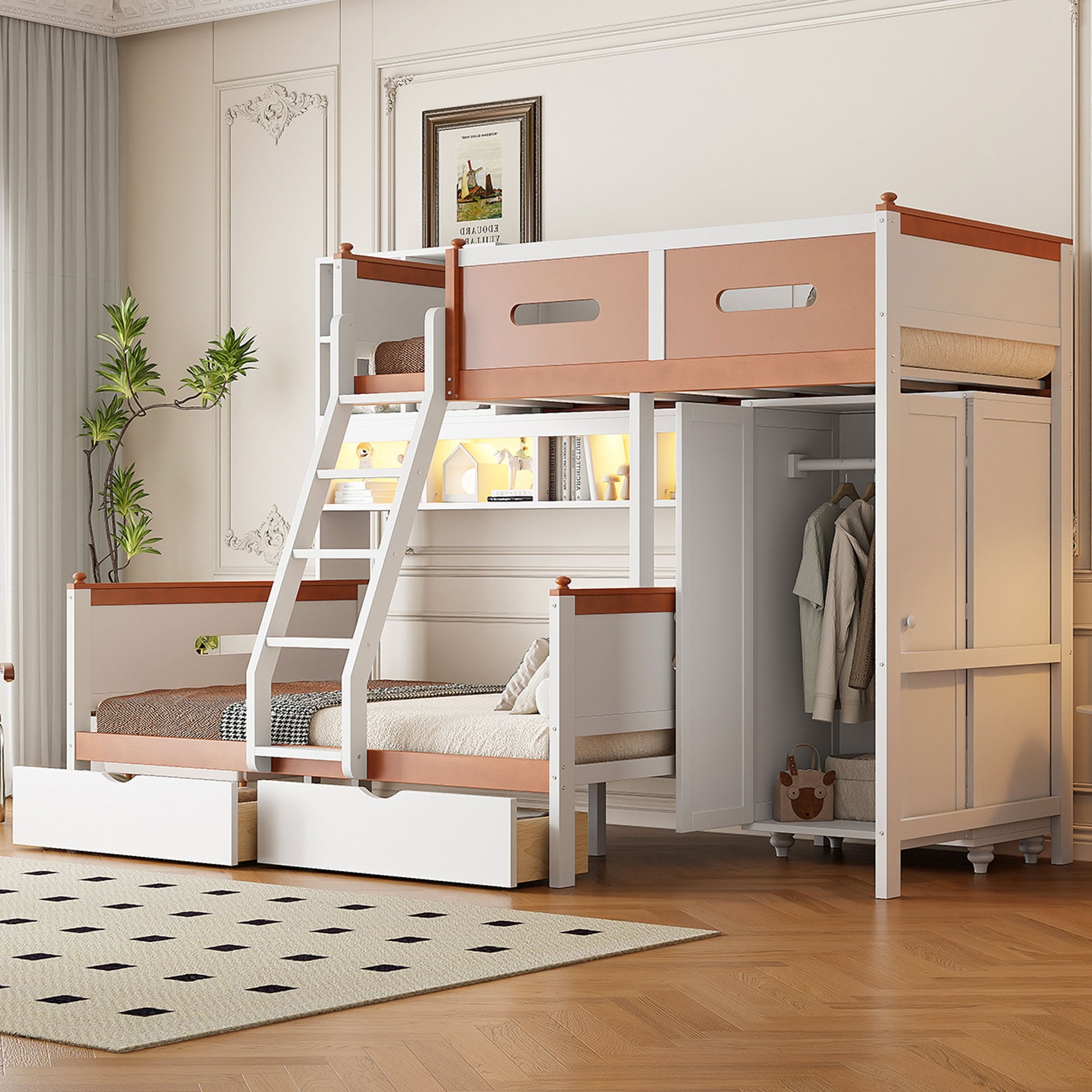 Multifunctional Twin Over Full Loft Bunk Bed with Built-In