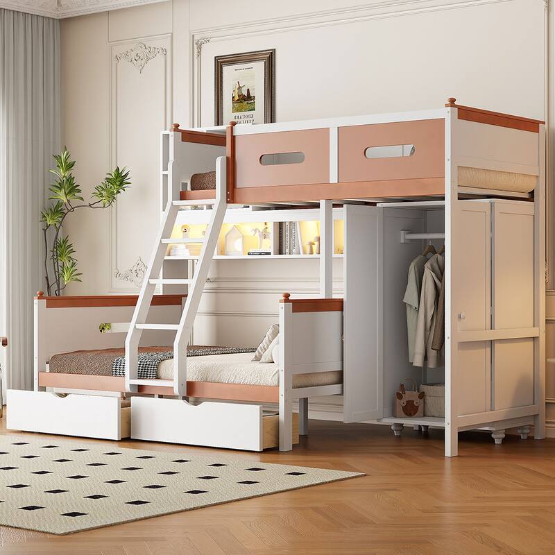 Twin Over Full Bunk Bed with Wardrobe, Drawers and Light Strip, Solid Wood Loft Bed and Platform Bed for Kids Teens Adults