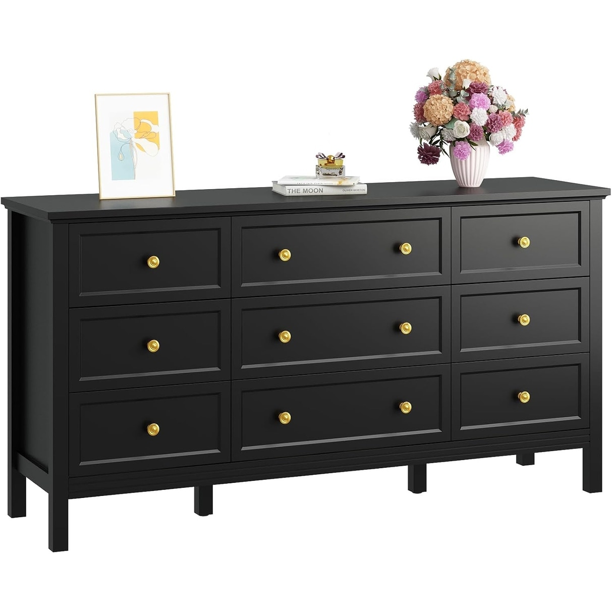 Modern 9-Drawer Dresser with Gold Handles, White and Black, 59 Inch Wide Storage Cabinet for Bedroom