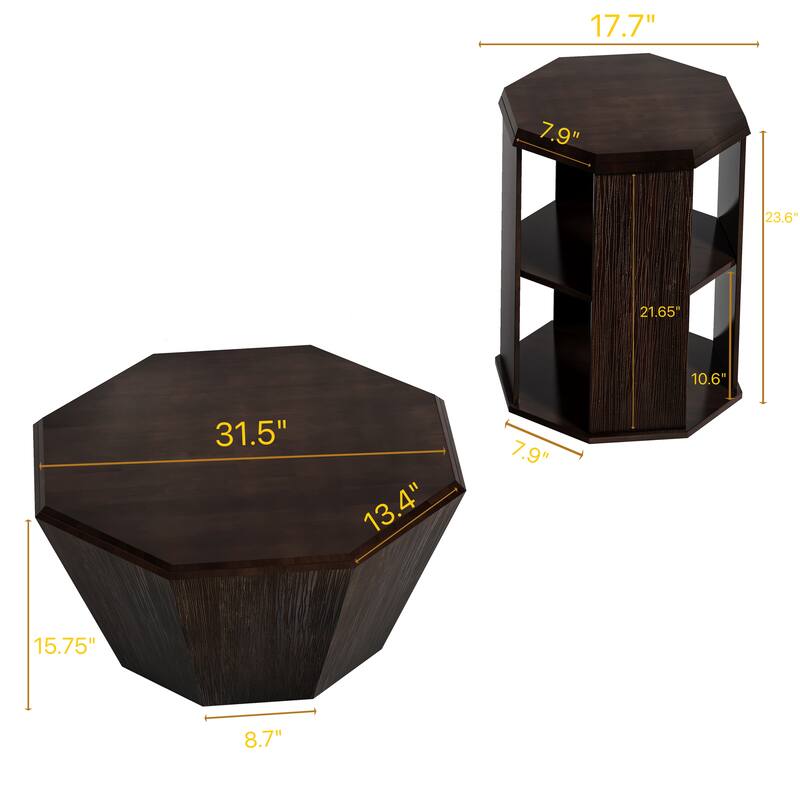 31.5" Octagonal Coffee Table Set of 2, Rubber Wood Center Table and Side Table with Open Storage Shelf for Living Room
