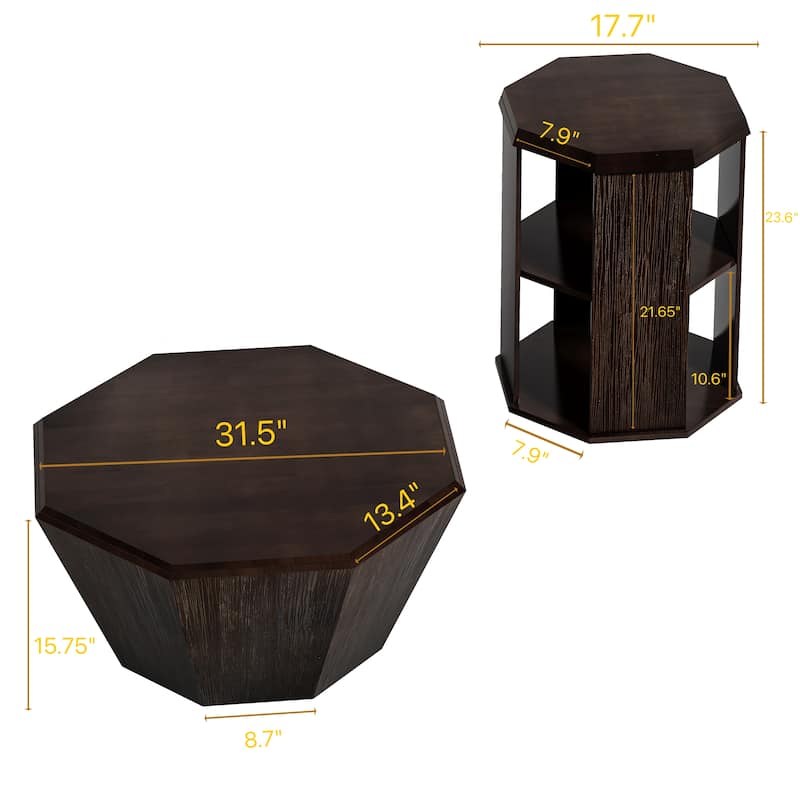 31.5" Octagonal Rubber wood Coffee Tables (Set of 2 Pieces)