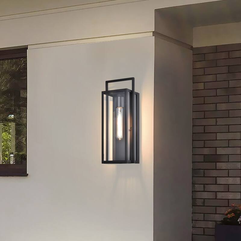 16 in. 1-Light Matte Black Dusk to Dawn Outdoor Hardwired Wall Lantern Sconce with Clear Glass Shade