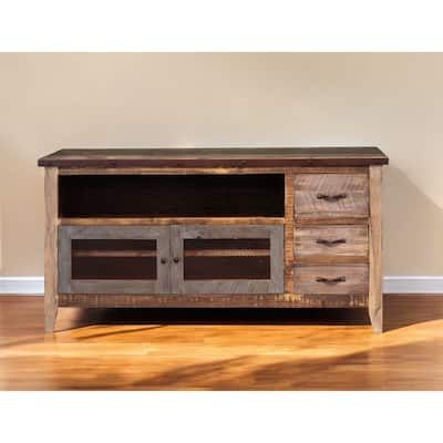 HomeRoots 61" Brown Solid Wood Cabinet Enclosed Storage Distressed TV Stand - 60.5' X '31.75' X '17.75