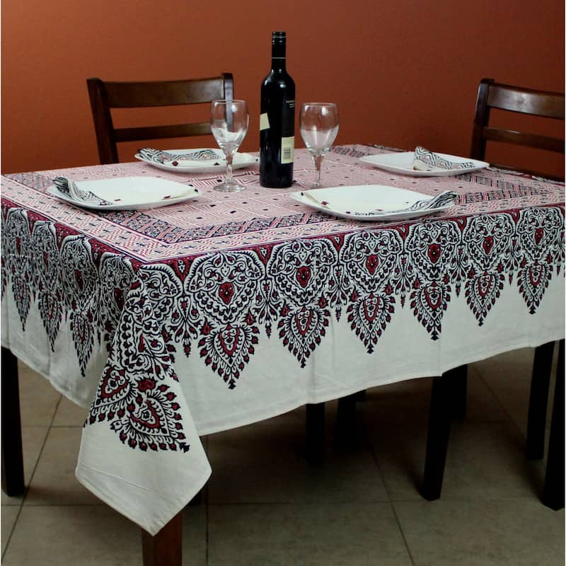Cotton Premium French Country Geometric Tablecloth - 72 x 72 inches square - Black Red