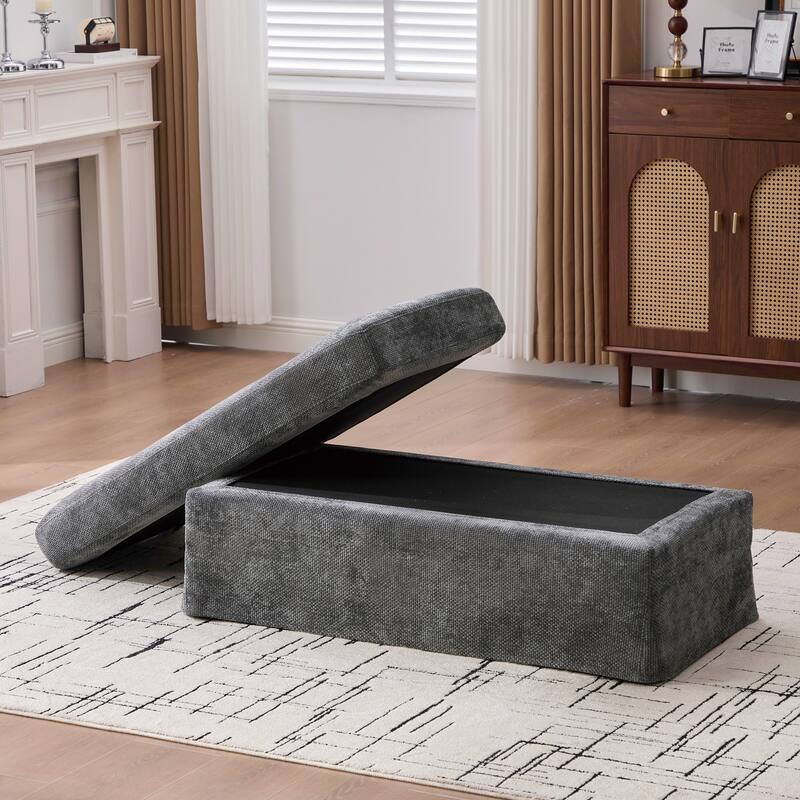 46" Wide Modern Upholstered Chenille Ottoman, Foot Stool Square Footrest with Black Metal Legs for Living Room, Bedroom