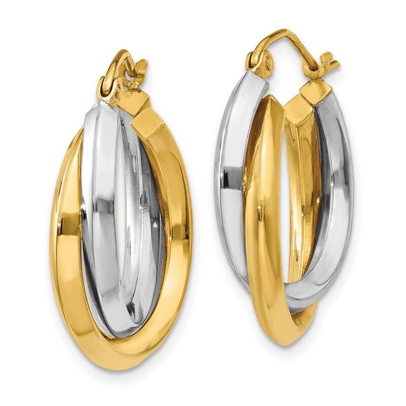 Curata 14k Two Tone Gold Hollow Polished 14x7mm Hinged Post Double Hoop Earrings
