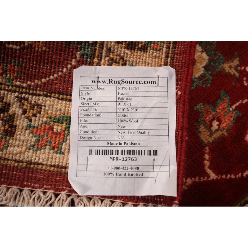 Red Floral Kazak Foyer Rug Hand-Knotted Wool Carpet - 2'0" x 3'0"