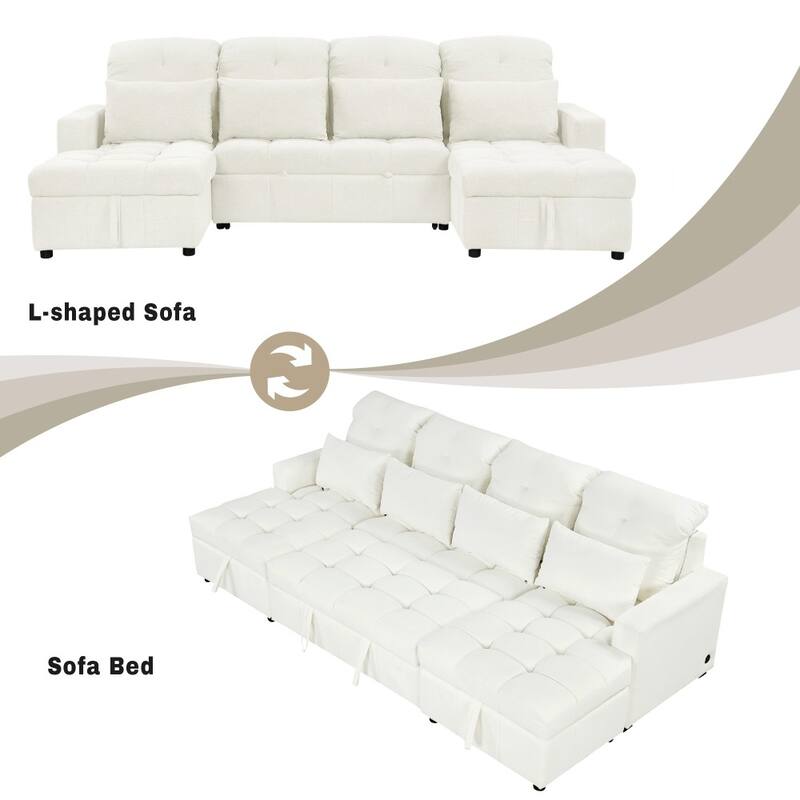 110.2" Modern U-shaped Sectional Pull-out Sofa with Storage Chaise and USB Ports