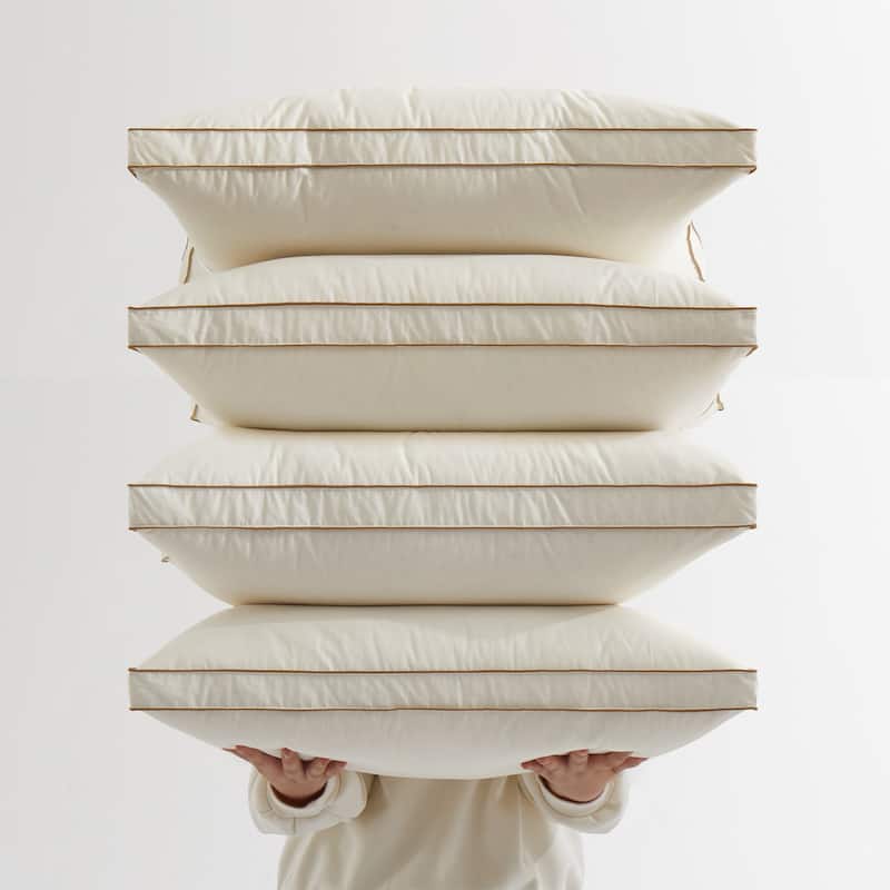 100% Organic Cotton Down Feather 4-Layer Gusseted Bed Pillow Set of 2 - White