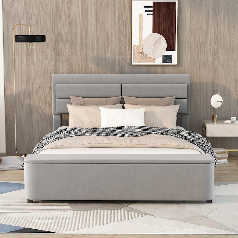 Grey Velvet Platform Bed with Adjustable Headrest Headboard and Storage