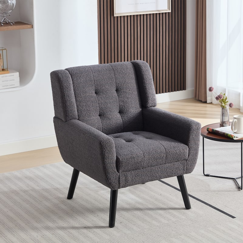 Grey Teddy Modern 29.53" Upholstered Buttons Tufted Accent Chair with Black Solid Wood Legs - Grey Teddy