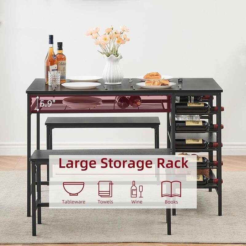 Dining Table Set with 2 Benches and Storage Shelf, Rectangular Table for Small Dining Area or Apartment