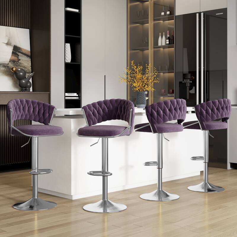 Modern Velvet Counter Bar Stools with Backs(Set of 4) - Purple-Silver