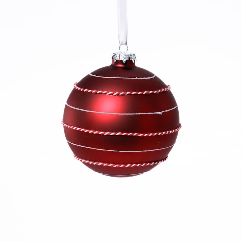 4-Piece Set Matte 4.75" Glass Ball Ornaments with White & Red Rope - Red