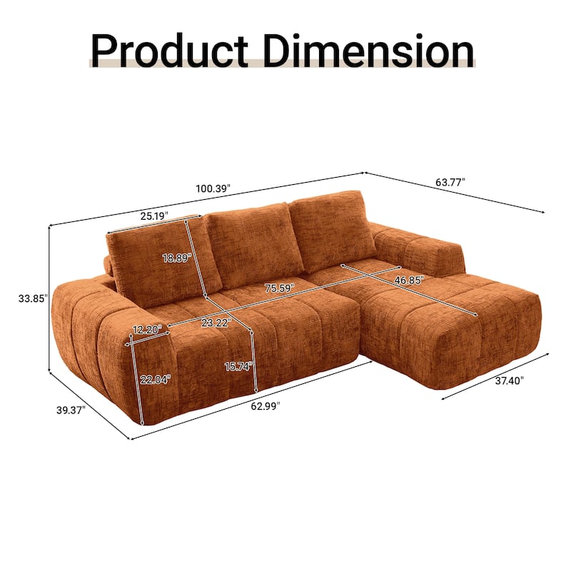 L-Shaped Sectional Sofa with Chaise Lounge, Oversized Chenille Upholstered Sofa, Compression Sofa with Removable Pillows - Orange