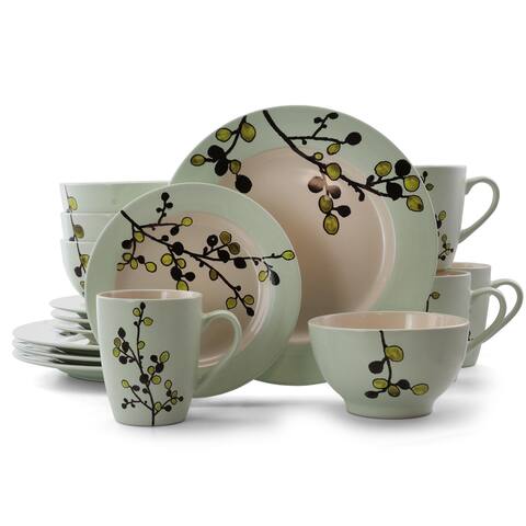 Summer Olive Blossom Round Stoneware Dinnerware Set 16 Pieces