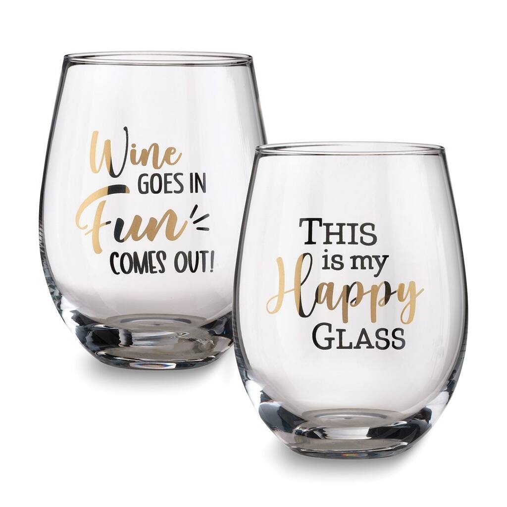 Curata Lillian Rose Fun Set of 2 Stemless Wine Glasses with Assorted Sayings