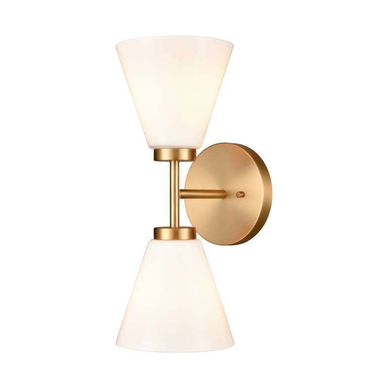 2-Light Vanity Light with Twin Frosted Shade - 15" - Brushed Gold and White