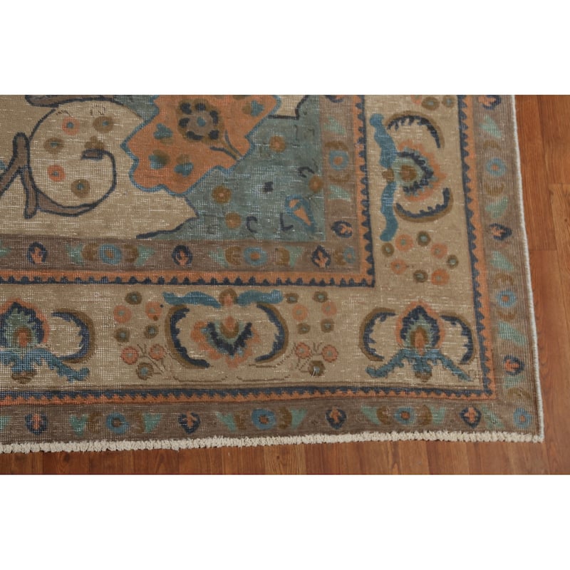 Tabriz Persian Vintage Area Rug Hand-Knotted Beige Wool Carpet - 9'6"x 12'5"