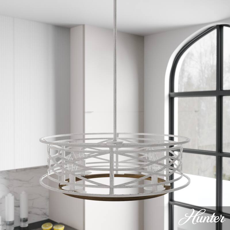 Hunter Langwood 4-Light Round Chandelier - Dining Room, Entry - Modern Farmhouse, Contemporary, Transitional - Distressed White-Chestnut