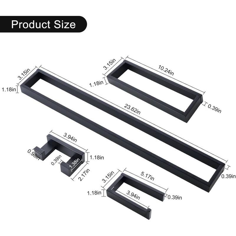 Black Towel Bar 4-Piece Bathroom Set, Stainless Steel Wall Mount Towel Bar Set, 23.6 Inch