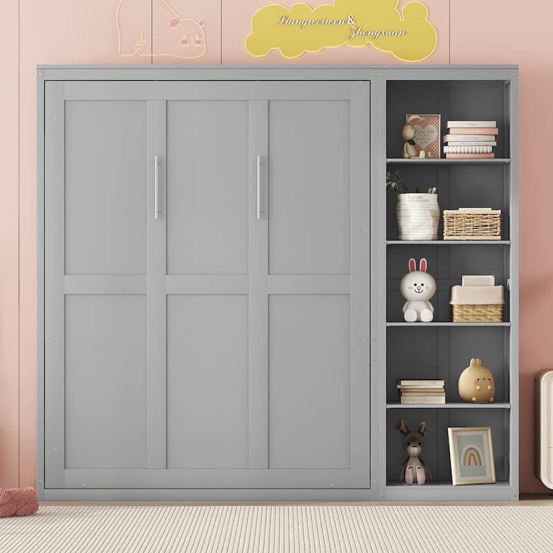 Queen Size Murphy Wall Bed with Adjustable Shelves, Space-Saving Foldable Design, Dual Piston Metal Mechanism