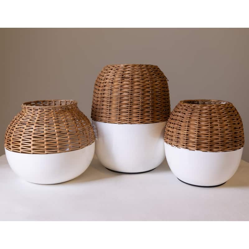 Textured Iron Cane Vase - 8" - Beige and White