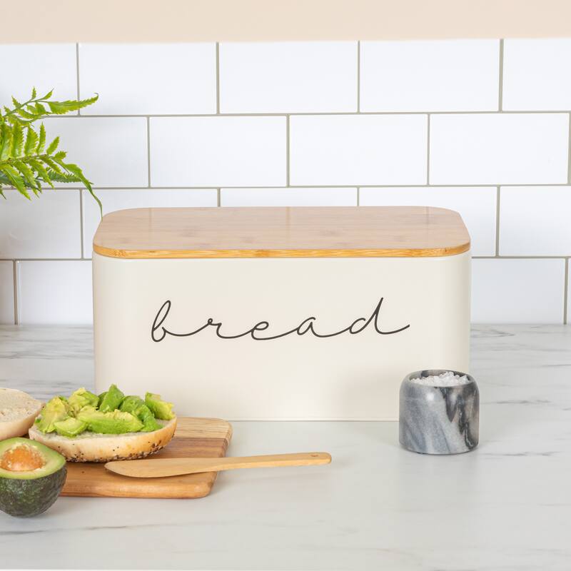 Metal "Bread" Bin with Bamboo Lid - Cream - 11.8"L x 5.3"W x 7.0"H