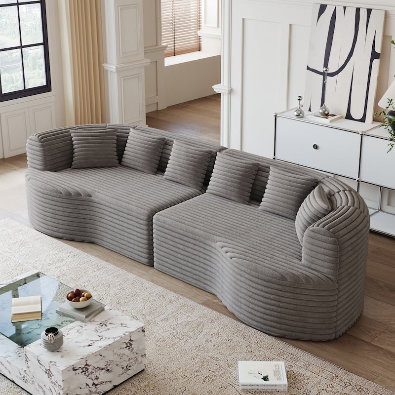 Corduroy Curved Chaise Sectional Sofa with Deep Seating and 6 Pillows