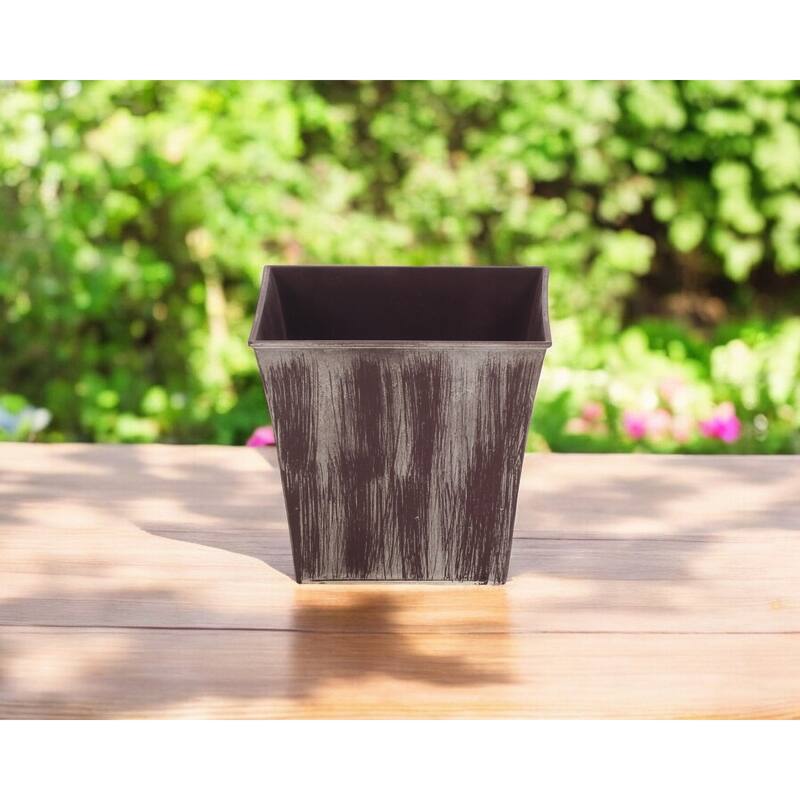 HomeRoots 7" Brown and Ivory Abstract Recycled Plastic Indoor Outdoor Square Pot Planter - Brown and Ivory