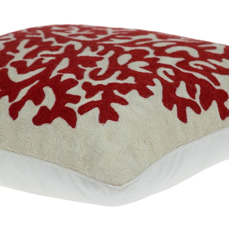 HomeRoots 20" Beige and Red Coastal Wool Throw Pillow With Embroidery