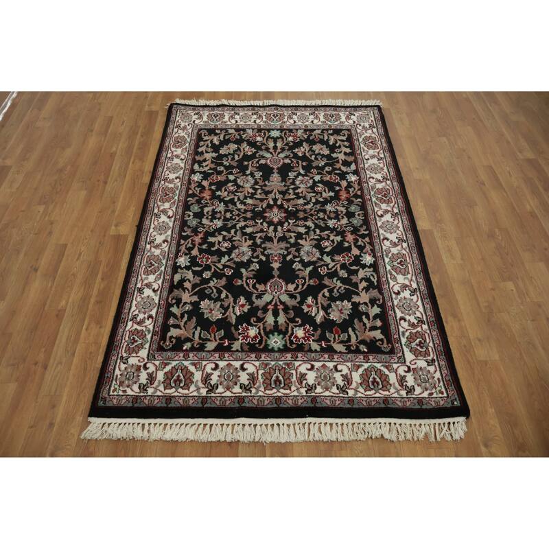 Hand Knotted Oriental 100% Wool Carpet Traditional All-Over Black Agra Area Rug - 6' 1'' X 4' 0''