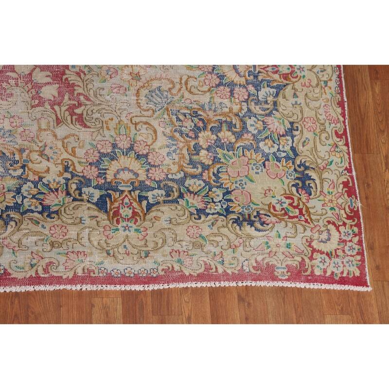 Distressed Pink Kerman Persian Antique Area Rug Handmade Wool Carpet - 9'9" x 13'3"