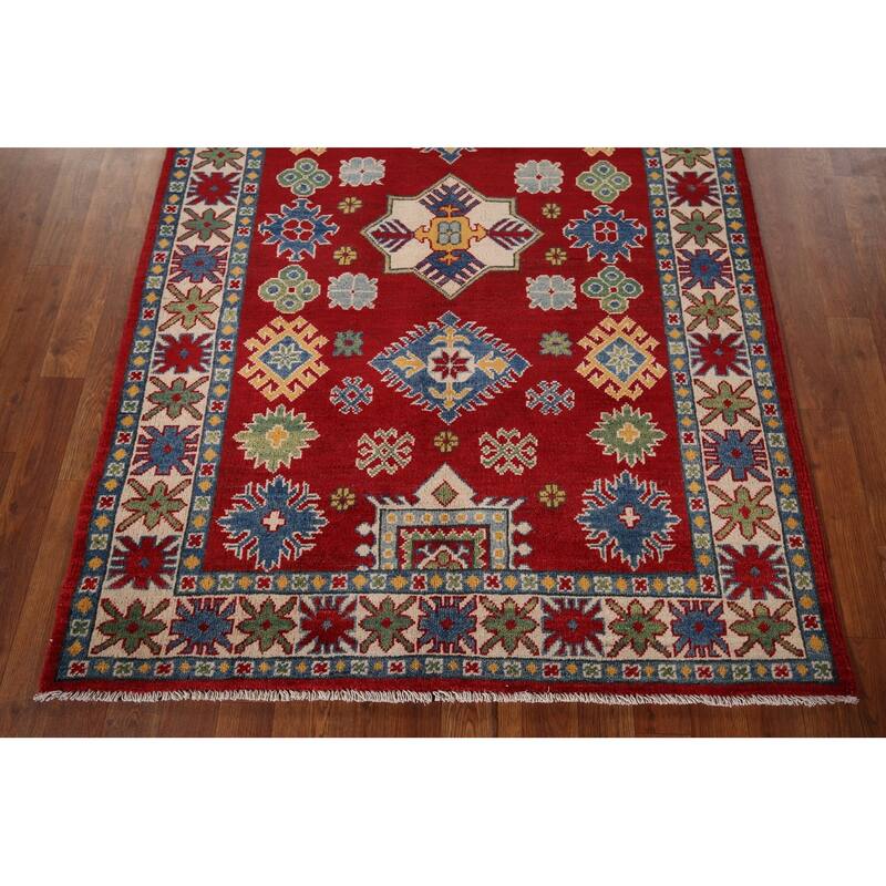 Oriental Kazak Area Rug Hand-Knotted Geometric Red Wool Carpet - 4'0" x 5'8"