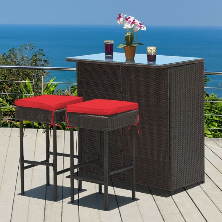 3-Piece Patio Rattan Wicker Bar Set with 2 Cushioned Stools for Outdoor Entertaining - 40" x 24" x 41.5" (L x W x H)