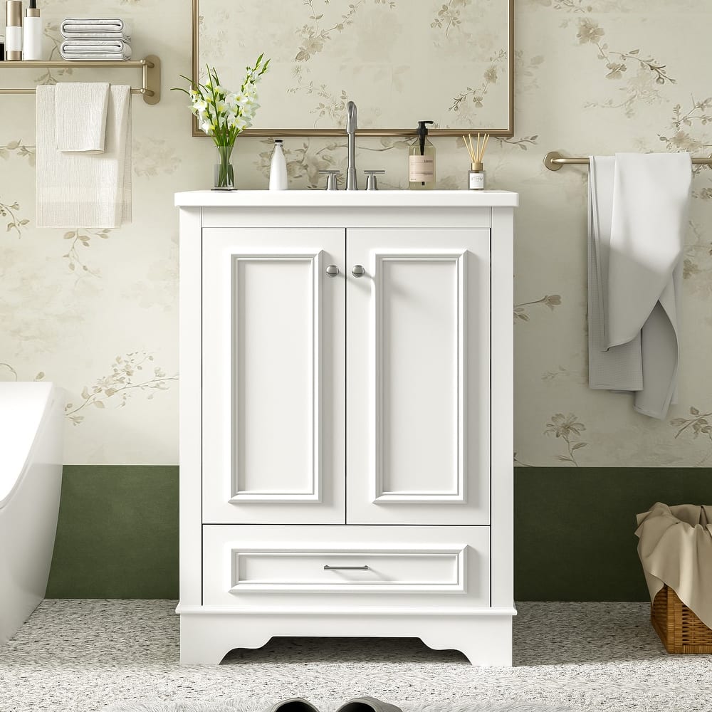 GDFStudio - Halcyon Modern Freestanding Bathroom Vanity with Ceramic Sink and Soft-Closing Storage Doors & Silver Handles
