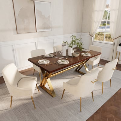 7-Piece Clihome Walut Wood Table with Velvet Chair Dining Chair