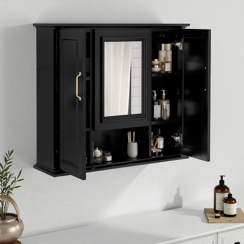 36-Inch Bathroom Mirror Cabinet with 3 Doors, Wall Mounted Medicine Cabinet with Adjustable Shelves and Open Storage